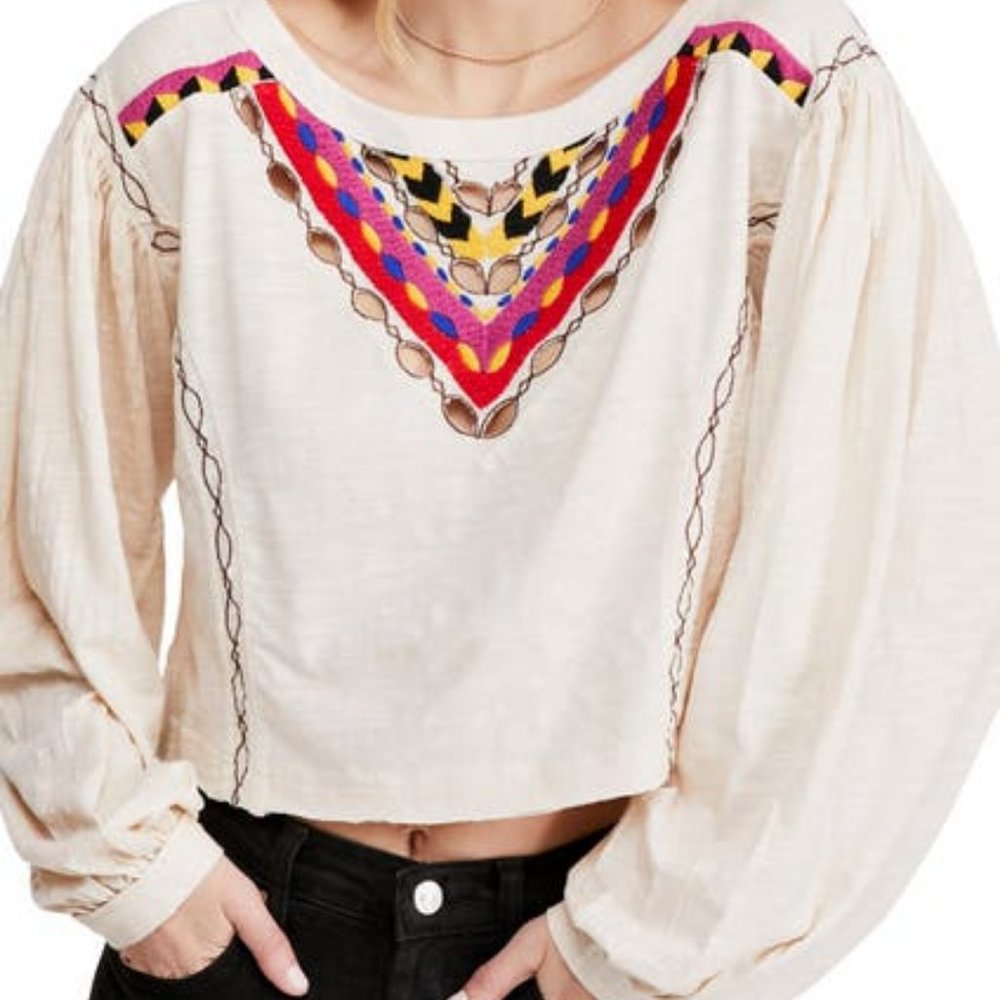 Free People Hand Me Down Embroidered Top Small